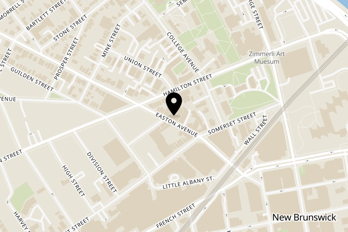 Map showing the location of Evelyn's Restaurant on 45 Easton Ave in New Brunswick